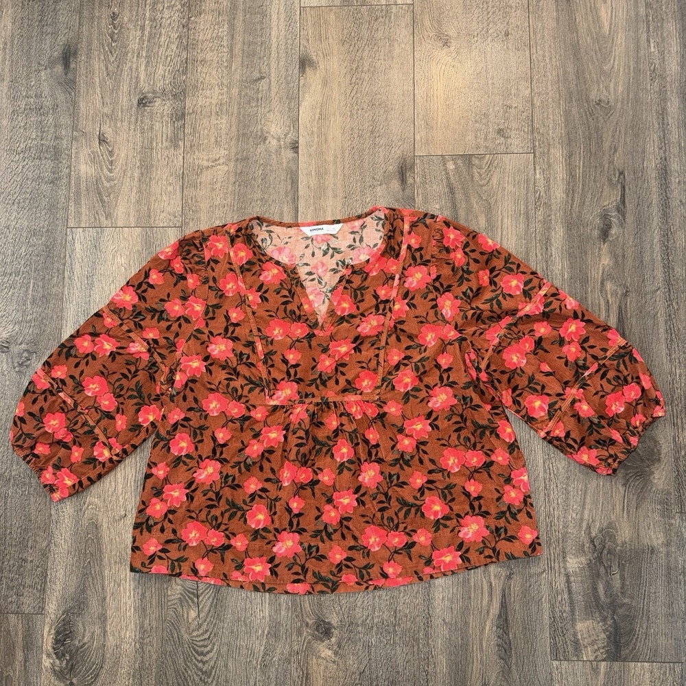 Sonoma Women's PL 3/4 Sleeve Boho Shirt Bright Floral Corduroy Summer Top